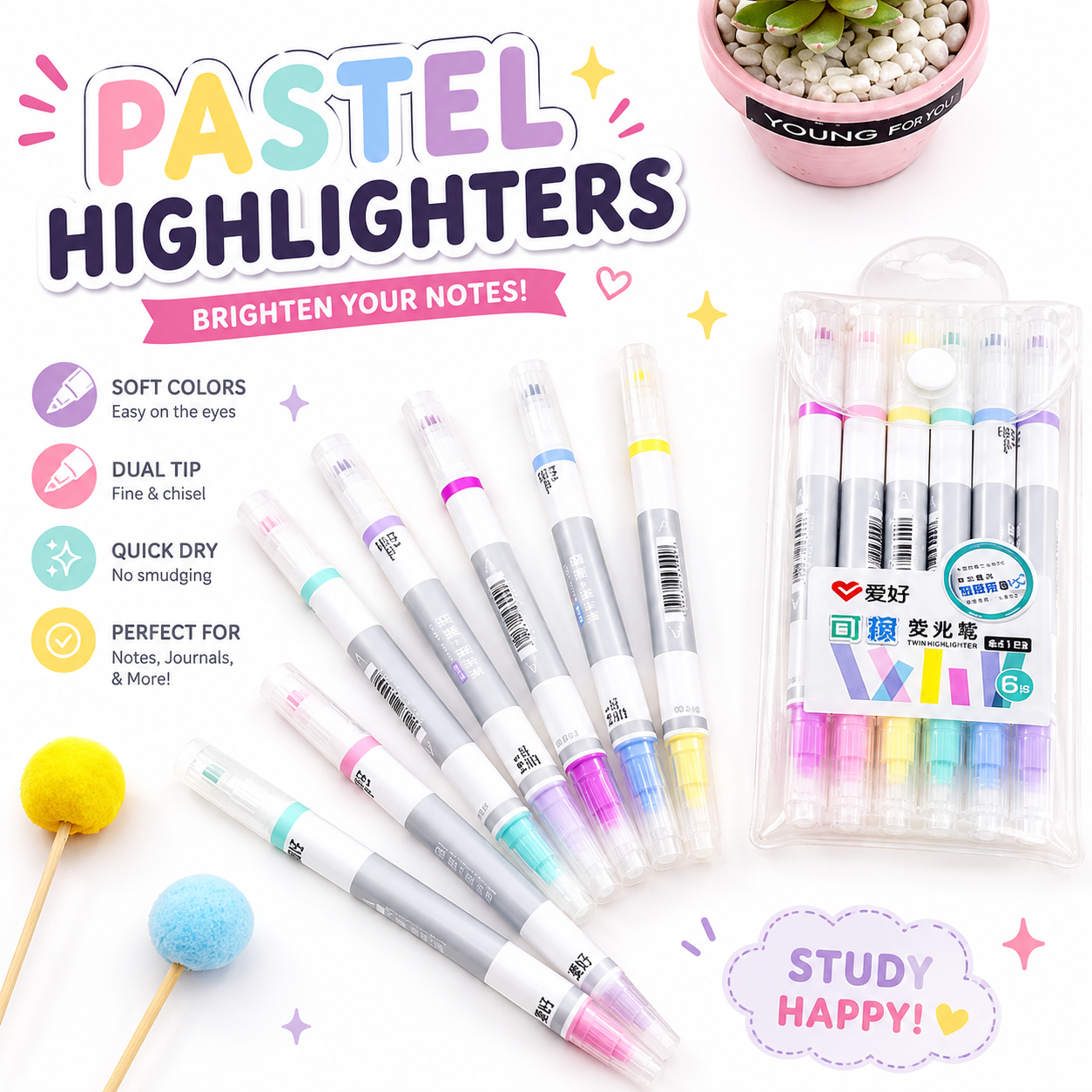 Pastel highlighters with packaging on a white background, featuring text promoting their use.